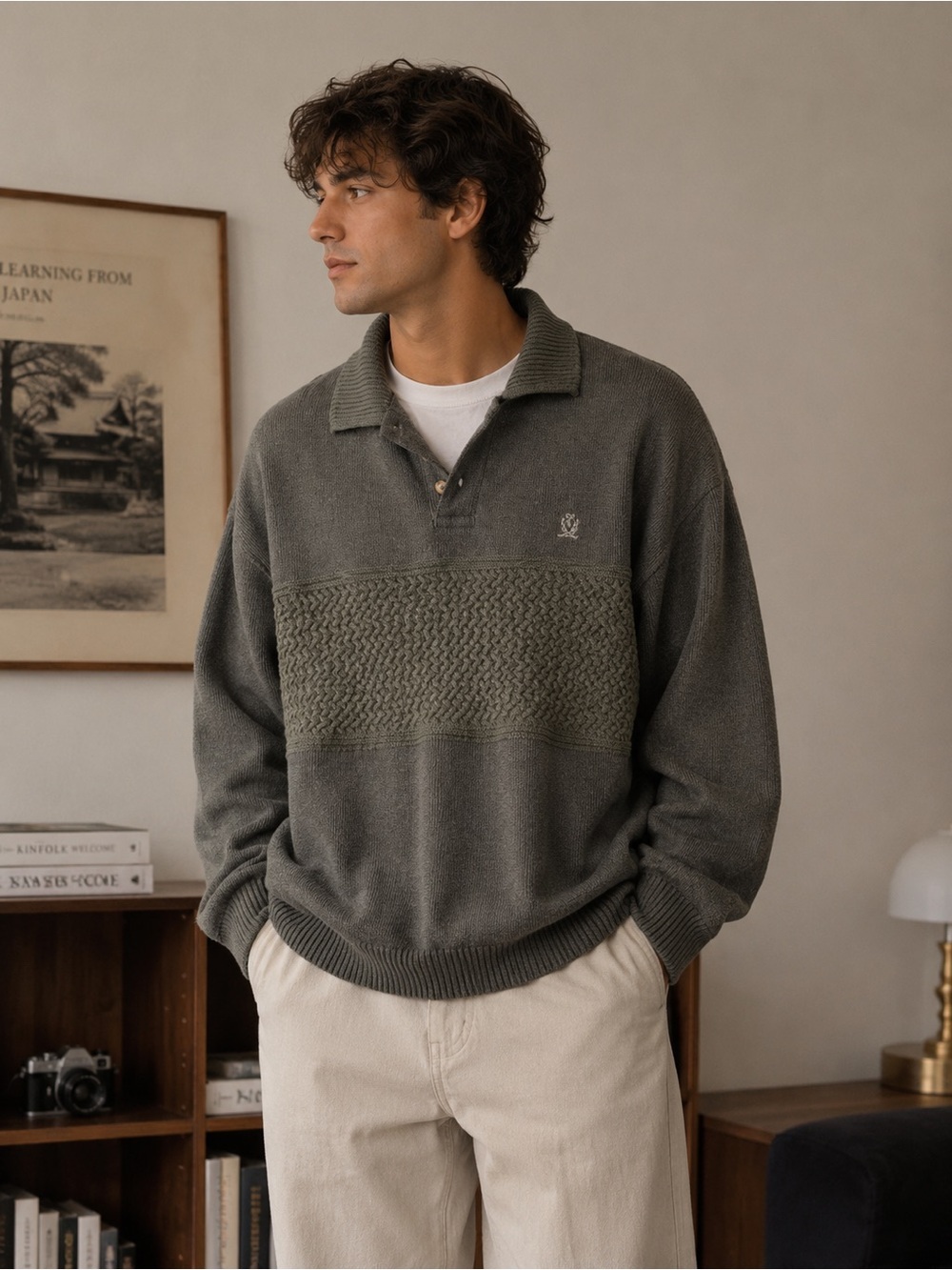 Vintage Ivy Oxford Grey Knit Polo Sweatshirt Chunky  Prep Style‎ Grandpa Lrg